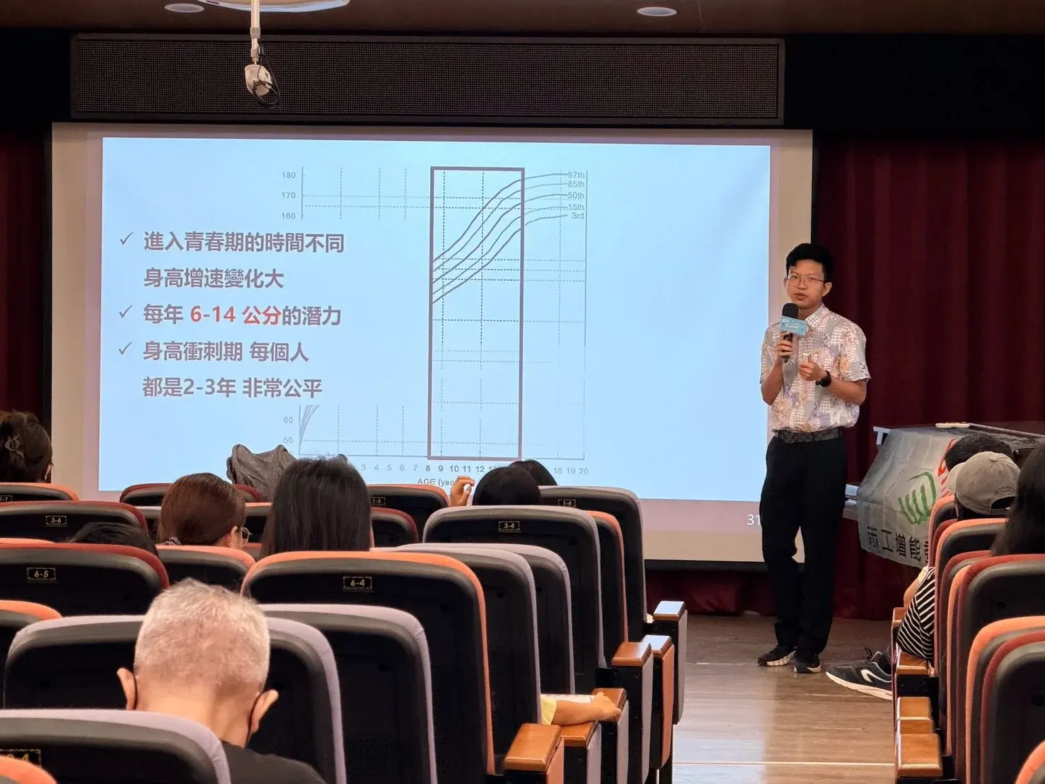 張凱翔醫師手持麥克風,在投影幕前講解生長曲線圖與青春期身高衝刺期,台下家長專注聆聽