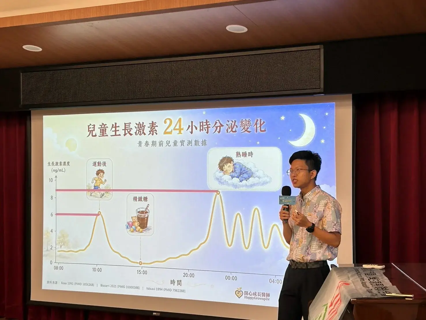 張凱翔醫師手持麥克風,投影片顯示兒童生長激素 24 小時分泌變化的實測數據圖表