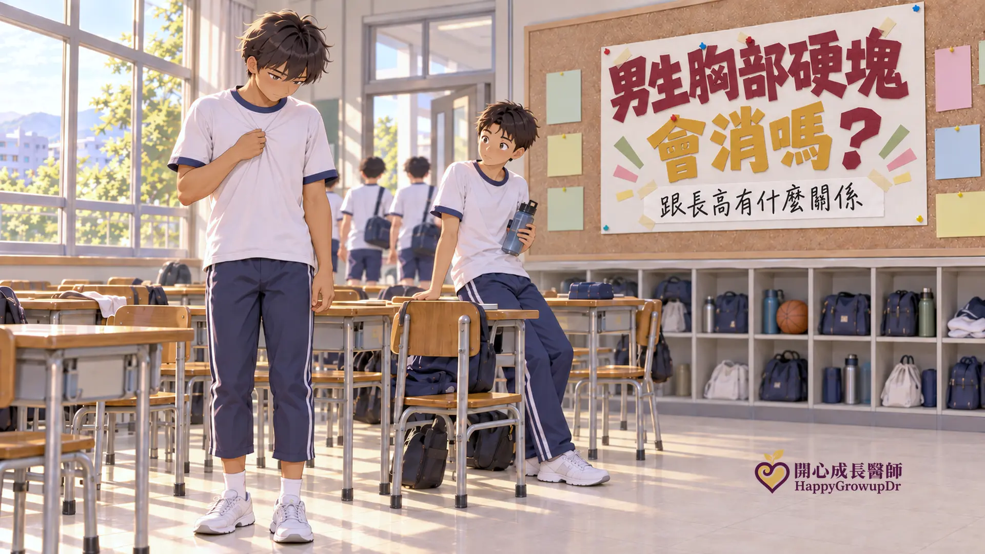 國中教室裡，穿體育服的男生低頭捏著胸口的衣服，褲子短了一截；旁邊的同學好奇地看著他；後面布告欄上用色紙剪字貼著「男生胸部硬塊會消嗎？」，下面手寫「跟長高有什麼關係」