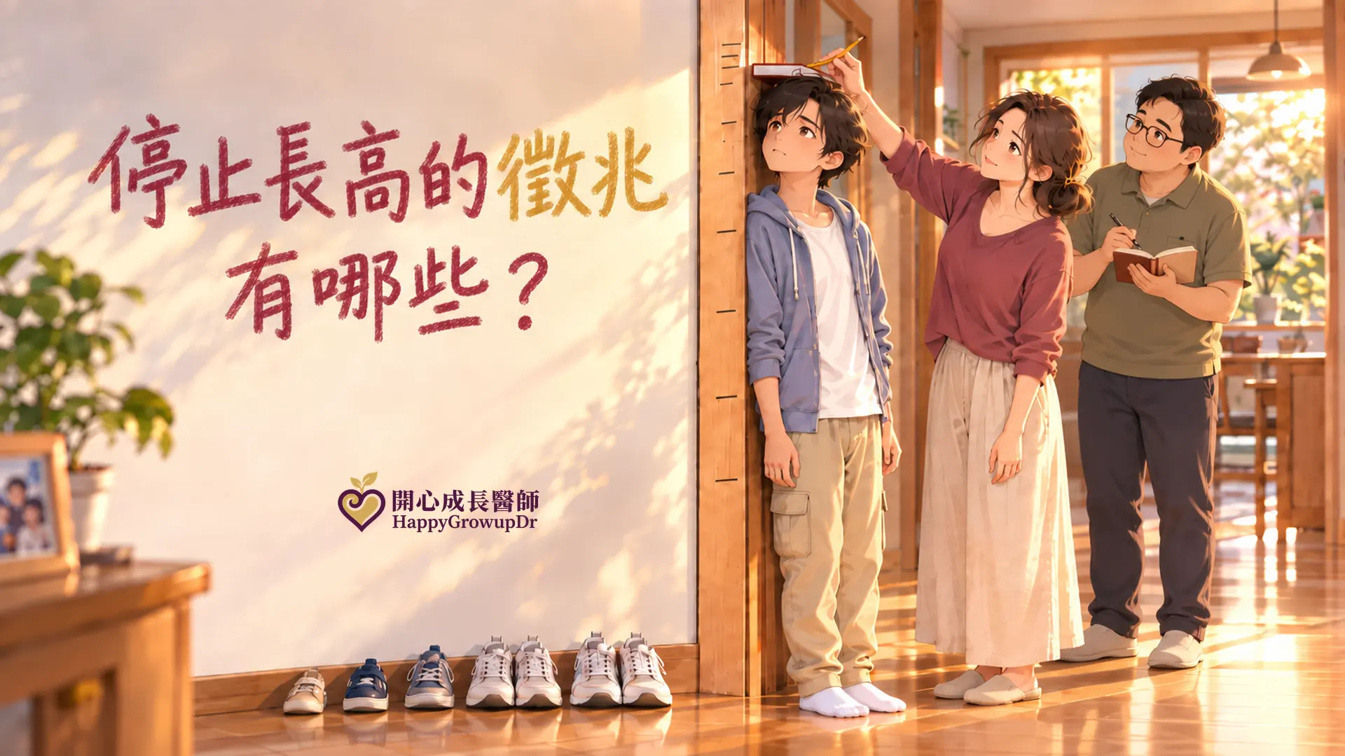 停止長高的徵兆有哪些?國中男孩背靠門框量身高,媽媽用鉛筆畫下新的刻線,爸爸拿筆記本記錄,門框上的身高刻線越往上越密
