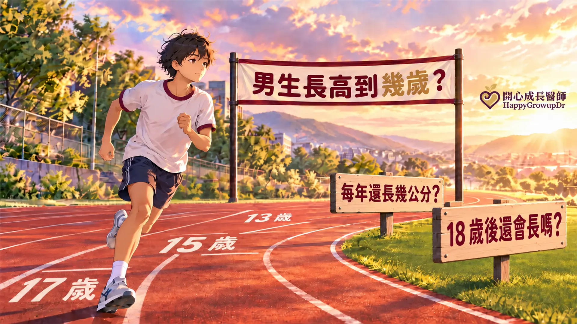 傍晚的學校跑道上,一位國中男生朝寫著「男生長高到幾歲?」的終點拱門奔跑,跑道地面由遠到近漆著 13 歲、15 歲、17 歲,旁邊草地立著「每年還長幾公分?」「18 歲後還會長嗎?」兩塊木牌