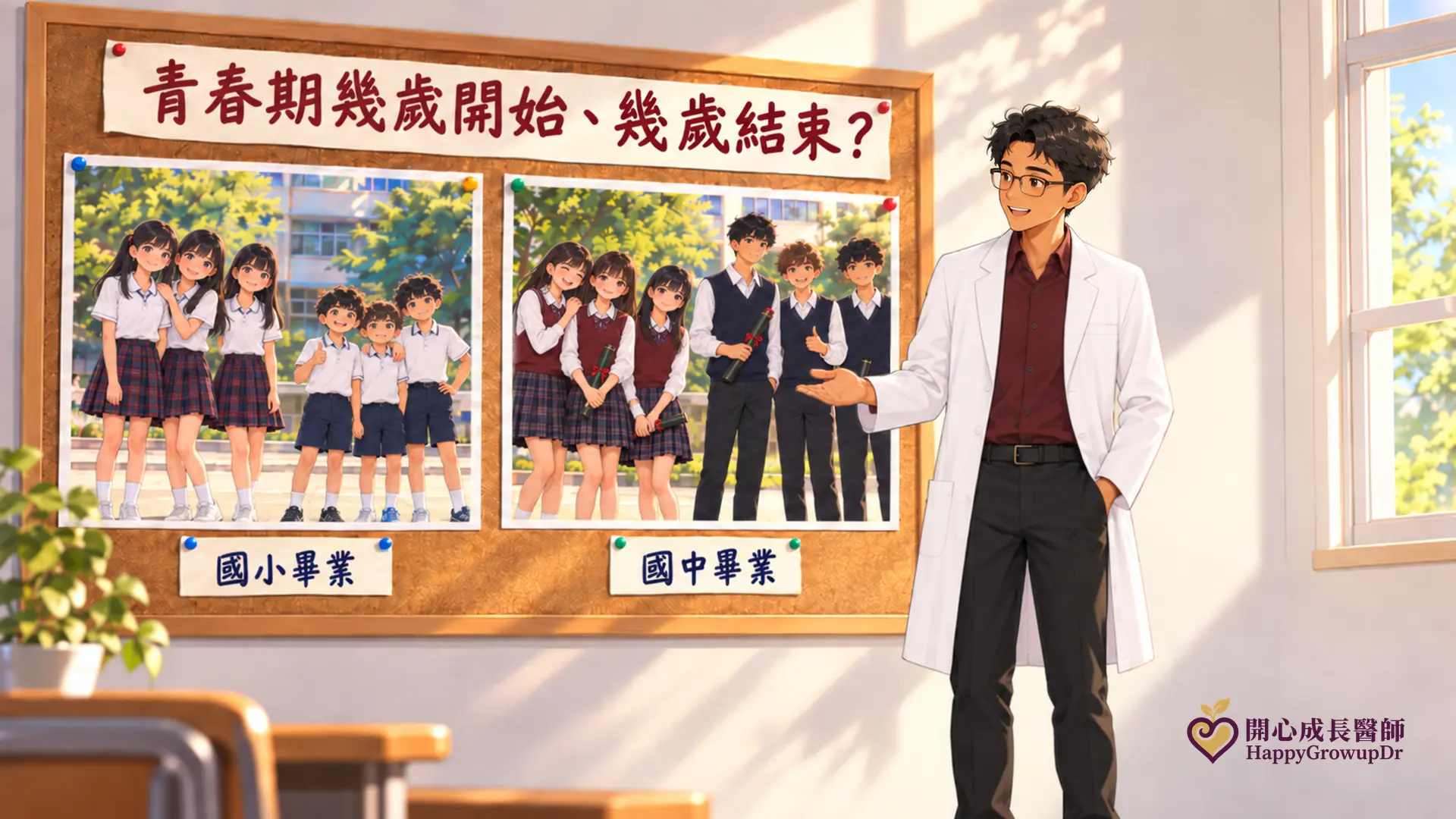 教室後方的軟木公佈欄上貼著同一群孩子的兩張合照：左邊國小畢業時女生比男生高，右邊國中畢業時男生比女生高；最上方的標題紙寫著「青春期幾歲開始、幾歲結束？」，穿白袍的醫師站在右側伸手介紹