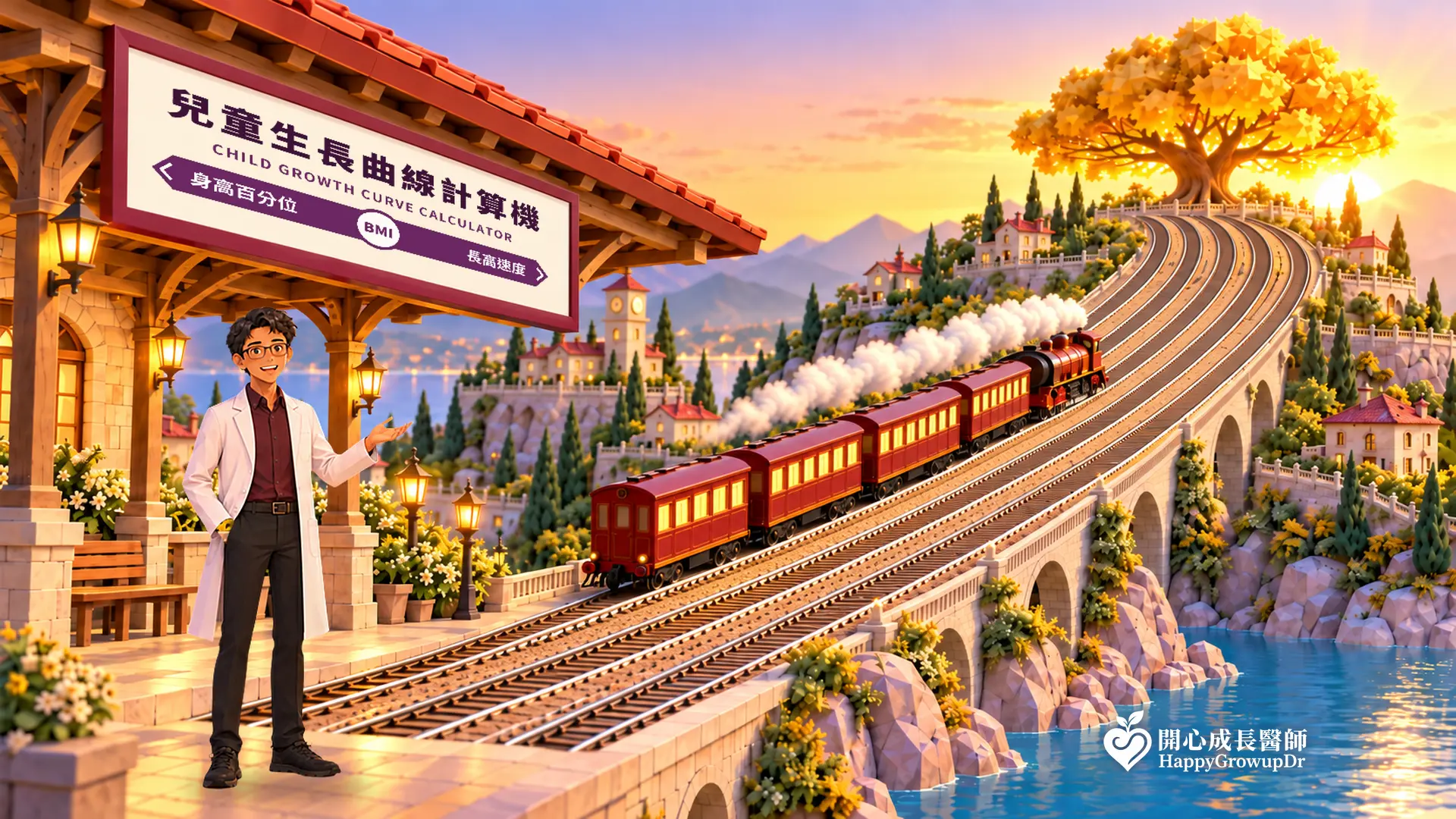 兒童生長曲線計算機:張凱翔醫師站在小鎮車站月台介紹,五條像生長曲線的鐵軌從月台爬向山頂發光的大樹,一列紅色小火車正朝大樹開去