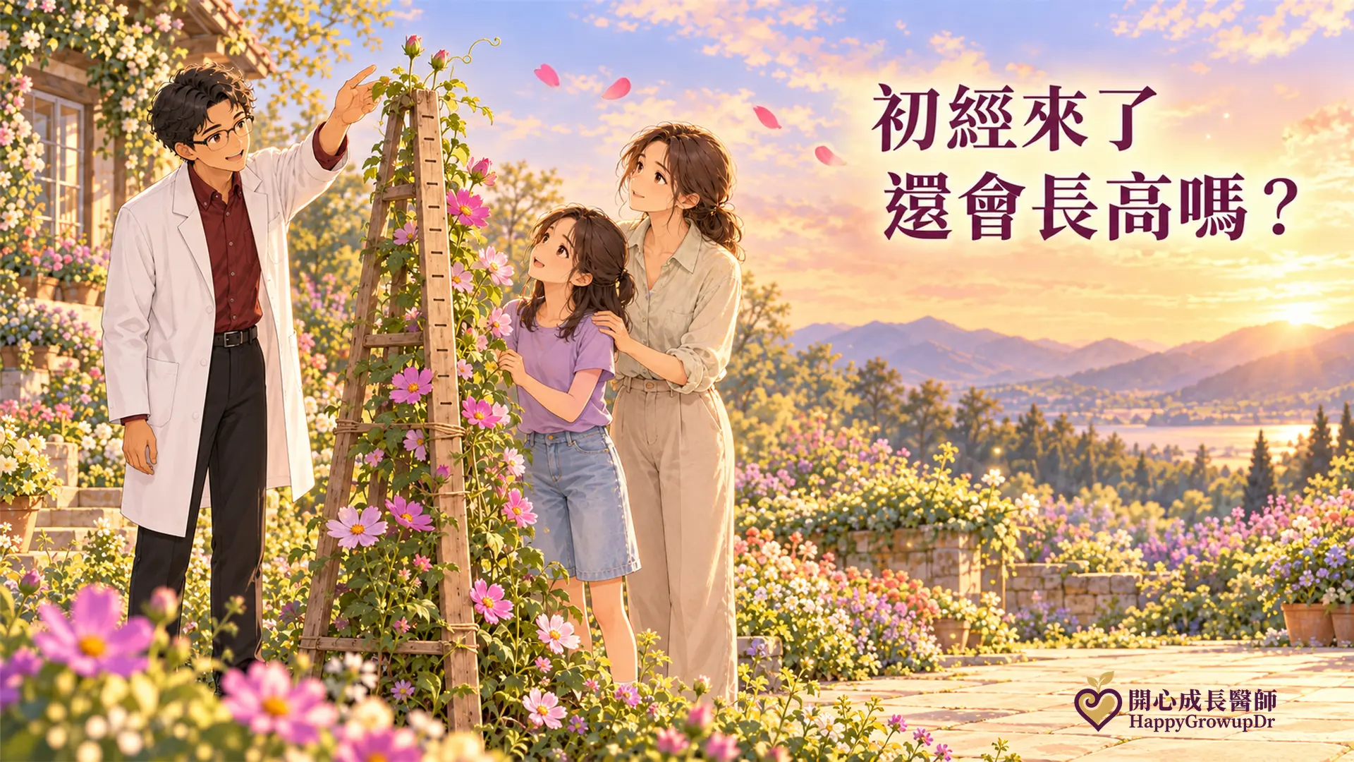 初經來了還會長高嗎?兒童內分泌科醫師在花園裡指著花架頂端還在長的新芽,向媽媽和剛進入青春期的女兒說明