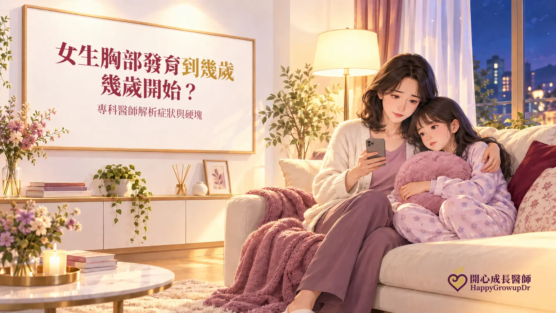 夜晚溫暖的客廳裡，女兒抱著抱枕靠在媽媽肩上，媽媽拿著手機查資料，牆上的畫布寫著「女生胸部發育到幾歲、幾歲開始？專科醫師解析症狀與硬塊」